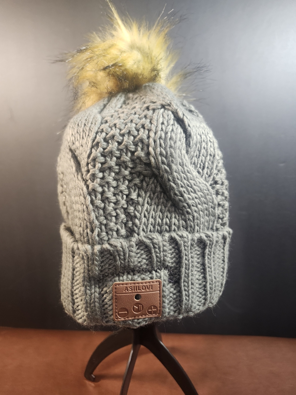 Kids Grey Knit Pom-Pom Beanie with Faux Fur and Patch